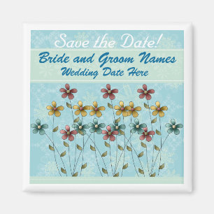 Blått med blommor sparar datera magnet