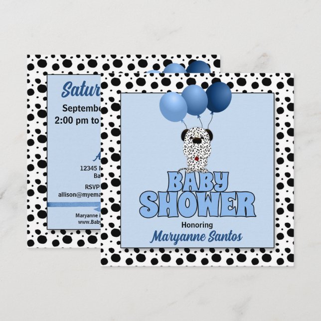 Blått med Dalmatien Puppy Theme Baby Shower Inbjudningar (Fram/baksida)
