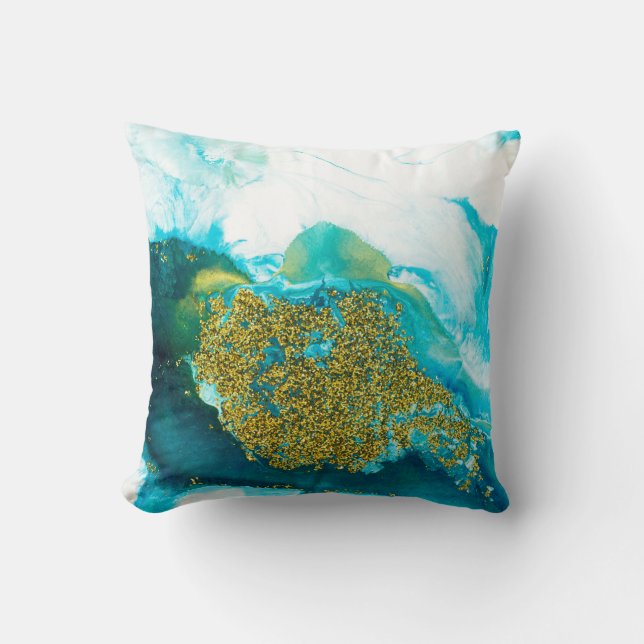 Blått med fluidkonst från guld glitter, kreativ ab kudde (Framsida)