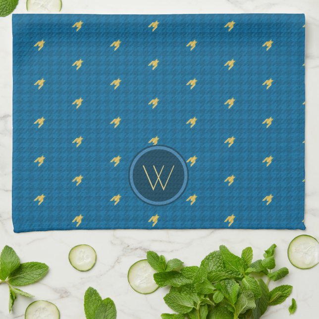 Blått med Guld accent Houndstooth Kitchen Towel Kökshandduk (Vikta)