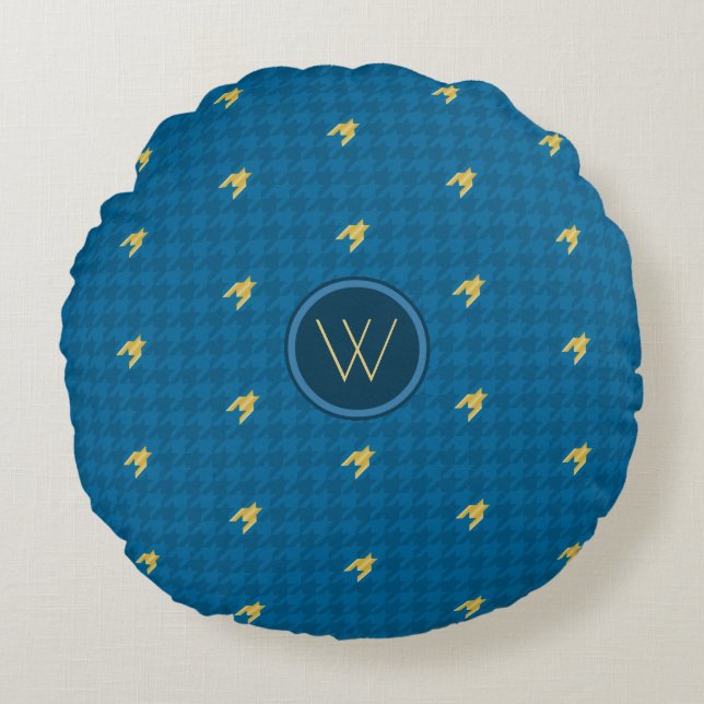 Blått med Guld accent Houndstooth Round Pillow Rund Kudde (Framsidan)