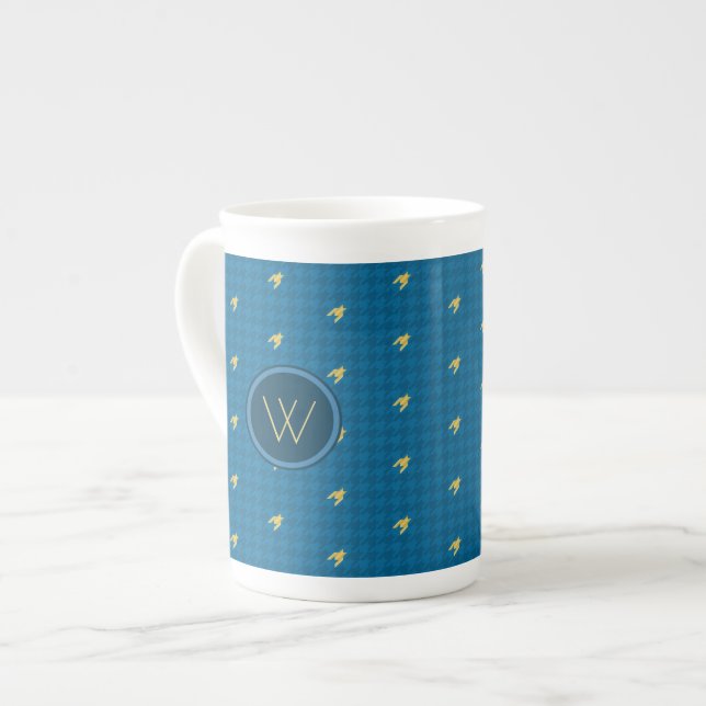 Blått med Guld accent Houndstooth Specialty Mugg Benporslin Mugg (Framsida vänster)
