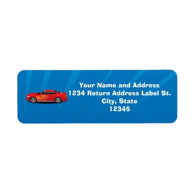 Blått med röda sportbilar Flames Kids Boys Returadress Etikett (Framsidan)
