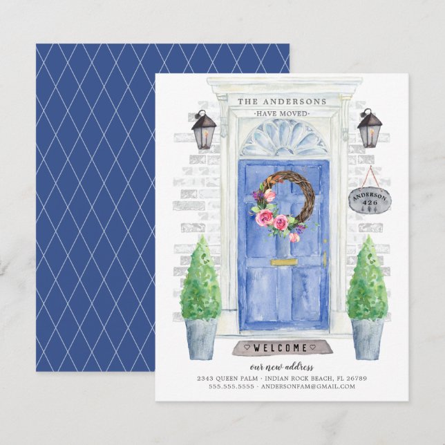 Blått meddelande om Flytta av ytterdörr Inbjudningar (Fram/baksida)