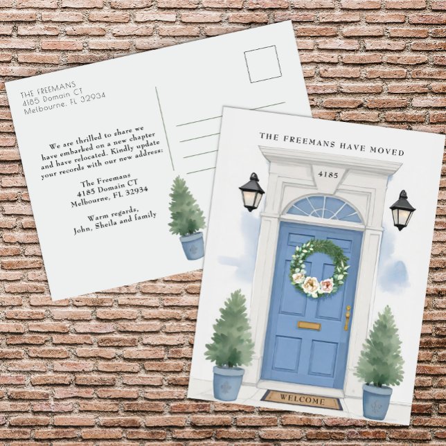 Blått meddelande om Flytta av ytterdörr Vykort (Blue Door New Home Announcement )