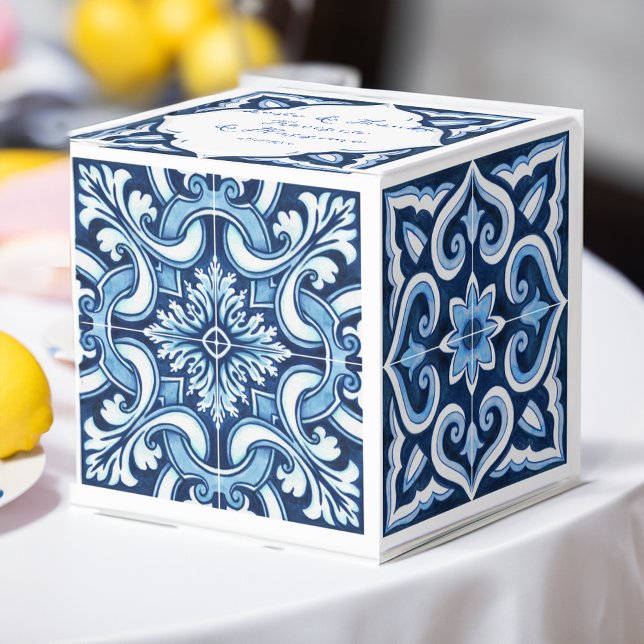 Blått Medelhavsbrickor, bröllop Presentaskar (Wedding sweet favor box blue Mediterranean Majolica tiles wedding favor gift box wedding favors)