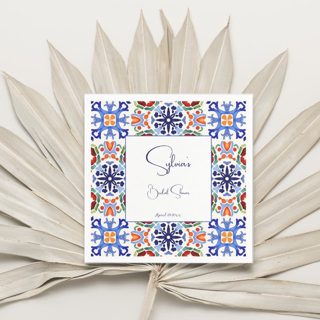 Blått mexikanskt färgade plattor möhippa tryckt pappersservett (Blue Mexican talavera azulejo bold colorful tiles Spanish bridal shower printed Napkins template)