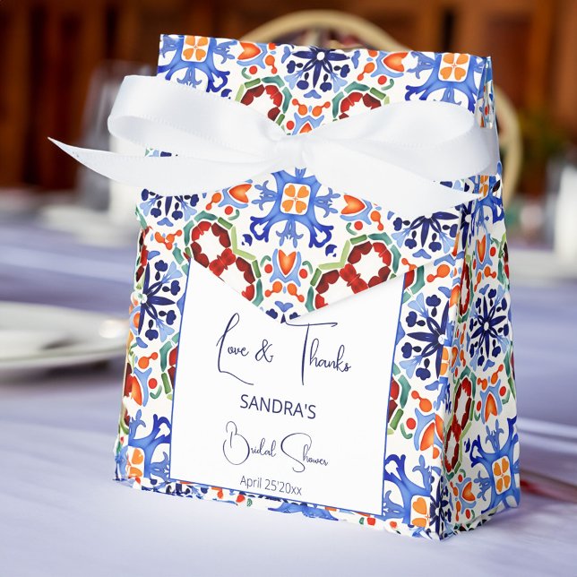 Blått mexikanskt färgade plattor möhippa tryckt presentaskar (Blue Mexican colorful Talavera Azulejo tiles bridal shower favors personalized printed Favor Box)