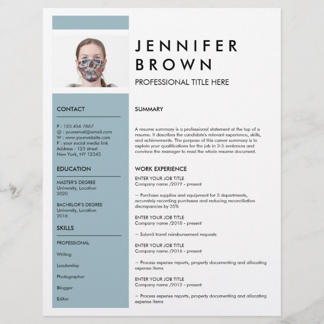 Blått Minimal meritförteckning cv med fotografi (Framsida)