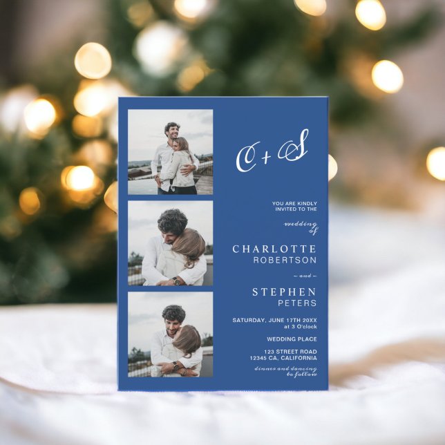 Blått minimalistiskt avslappnad initialer foto brö inbjudningar (Blue minimalist casual initials photo wedding invitation)