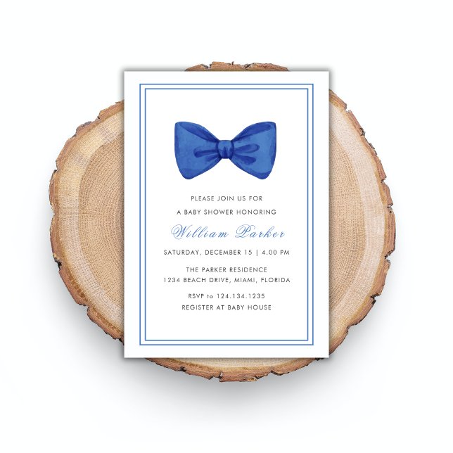 Blått, minimalistiskt babybabyskor inbjudningar (Blue Simple Minimalist Bow Boy Baby Shower Invitation)