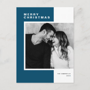 Blått, minimalistiskt God jul-foto för Färg-block Helg Vykort