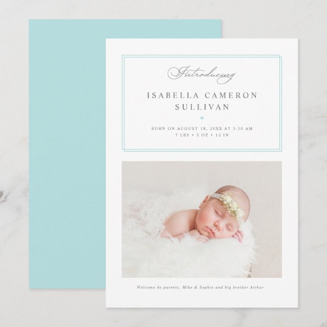 Blått, minimalistiskt Gräns-skript Foto Baby Birth Meddelande (Fram/baksida)