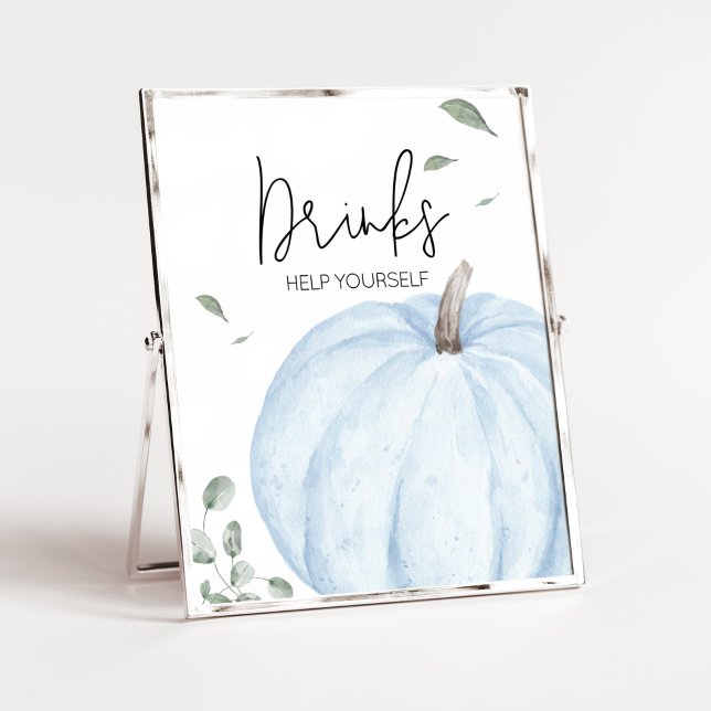 Blått minimalistiskt knumpkin Baby Shower Drinks Poster (Watercolor Pumpkin Baby Shower Drinks Sign)