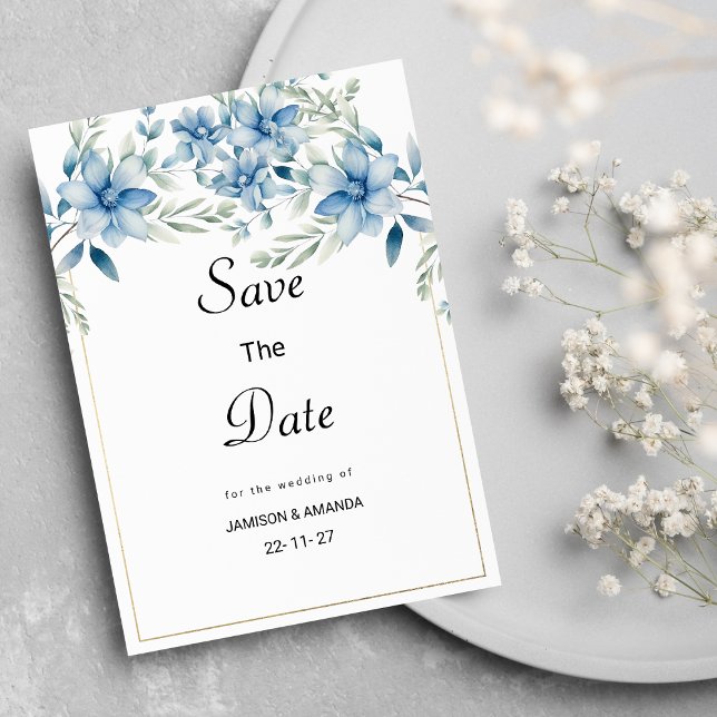 Blått mint-blommigt i botaniska flottan Spara datu Inbjudningar (Botanical navy blue mint floral Save The Date)