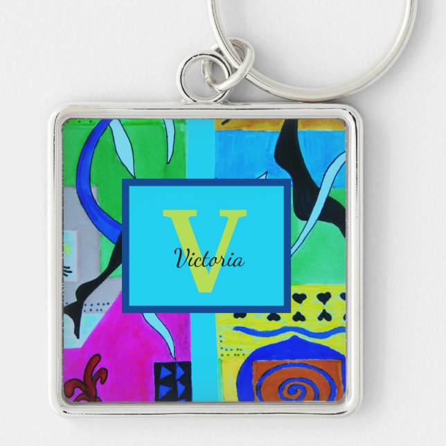 Blått Mode Abstrakt inspiration från Matisse Fyrkantig Silverfärgad Nyckelring (Framsidan)
