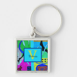 Blått Mode Abstrakt inspiration från Matisse Fyrkantig Silverfärgad Nyckelring