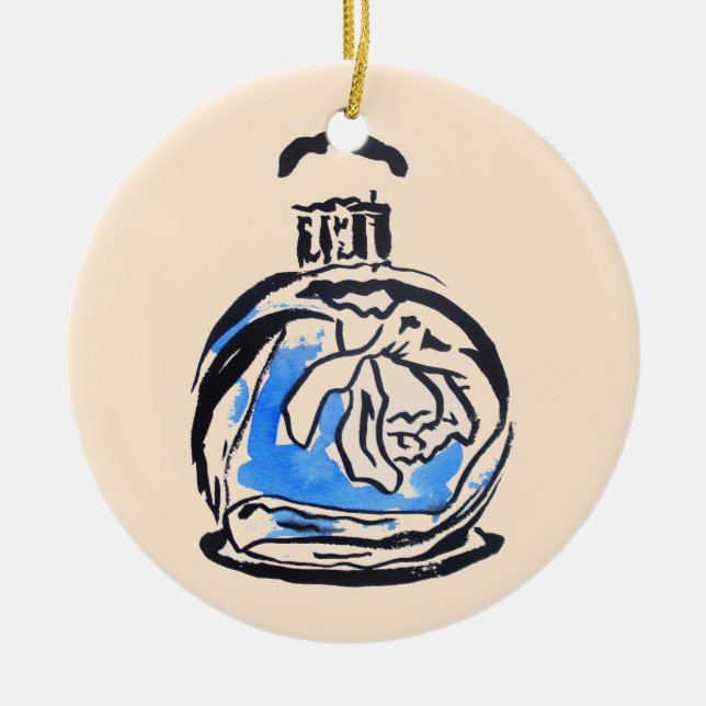 Blått mode illustration parfym flaska julgransprydnad keramik (Framsidan)