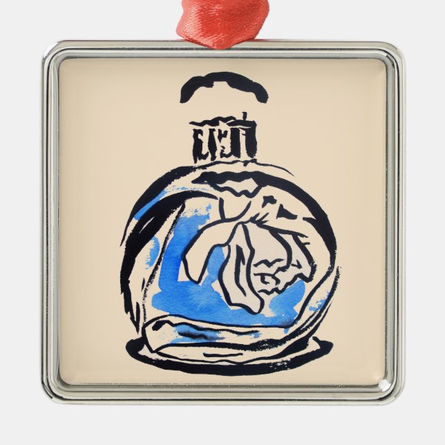 Blått mode illustration parfym flaska julgransprydnad metall (Framsidan)