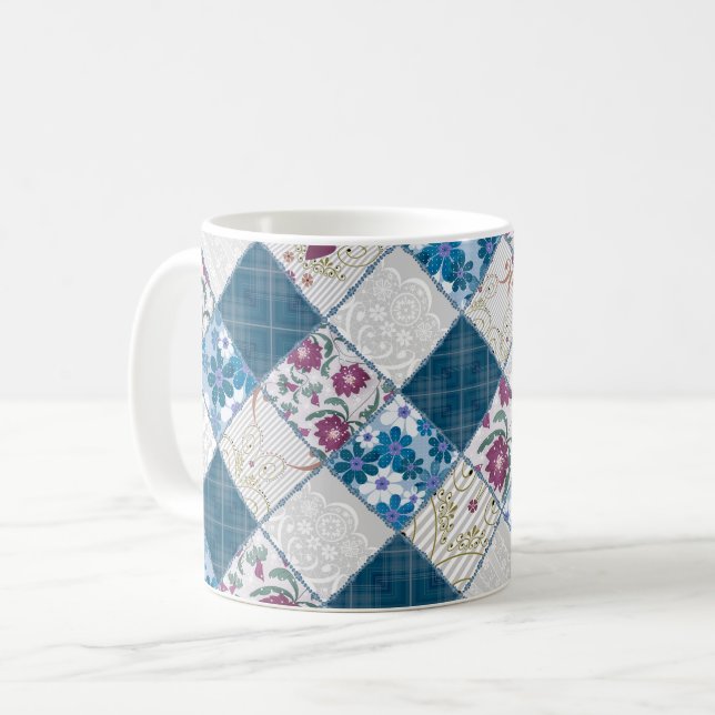 Blått mode rustikt mönster av tygrester kaffemugg (Framsida vänster)