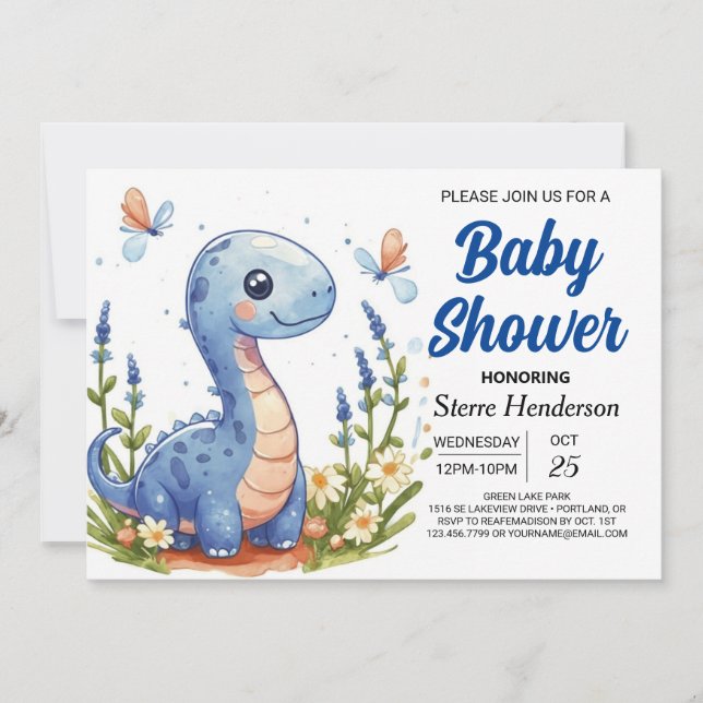 Blått modern Dinosaur Boy Shower Inbjudningar (Framsida)