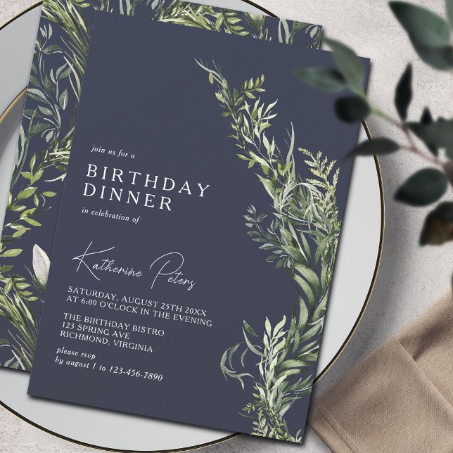 Blått modern Elegant Botaniskt födelsedag Inbjudningar (Skapare uppladdad)
