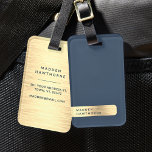 Blått Modern Elegant i guld, enkelt borstat Metall Bagagebricka<br><div class="desc">Guld-flaggan "Blue Modern Elegant Simple Brushed Metall Luggage Tag". Minimalistisk elegant sans serif-typografi.</div>