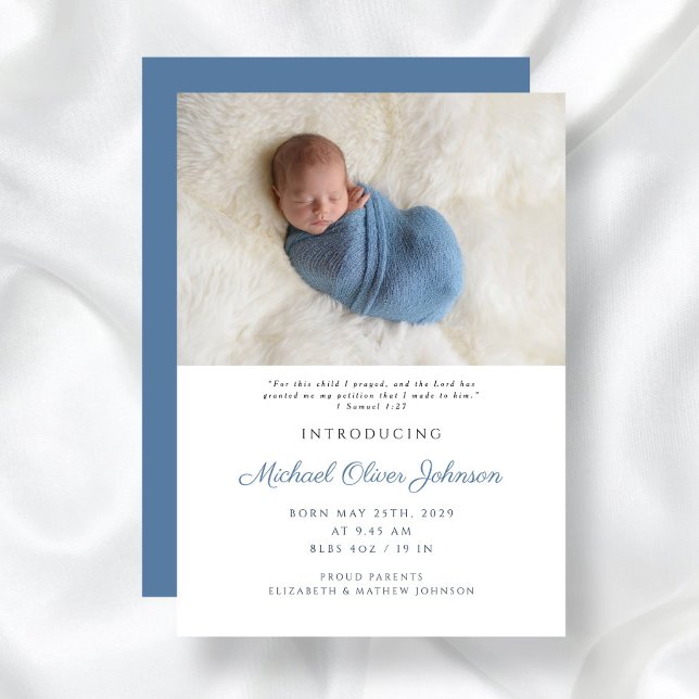 Blått Modern Script Pojke Birth Photo Meddelande (Blue Modern Script Baby Boy Birth Photo Announcement)