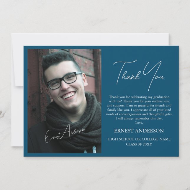 Blått Modern Simple Photo Studenten - tack för dit Inbjudningar (Framsida)