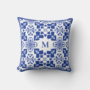 Blått Modernt Blommönster Elegant Enkel Monogram Kudde