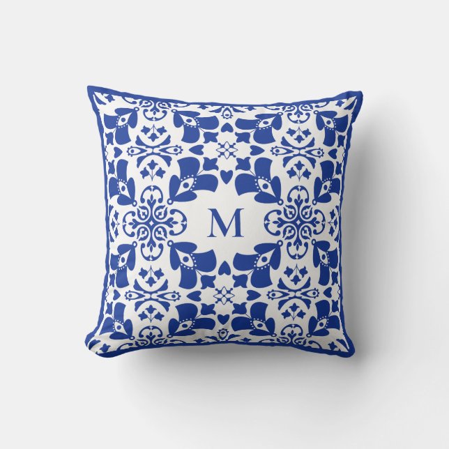 Blått Modernt Blommönster Elegant Enkel Monogram Kudde (Framsida)
