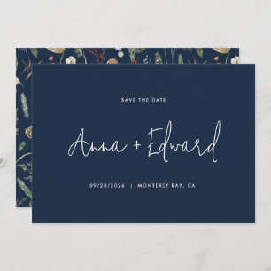 Blått, modernt, botaniskt marinblått bröllop spara datumet