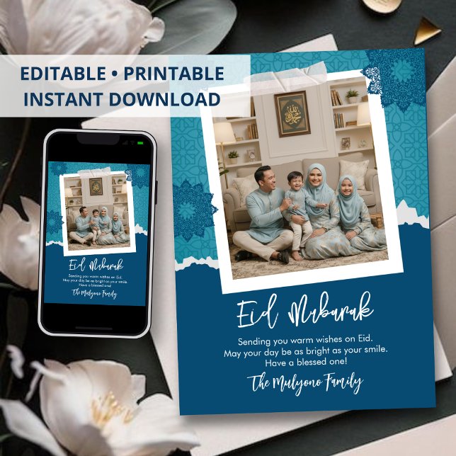 Blått Modernt Eid Mubarak Foto Kort Scrapbook Stil (Skapare uppladdad)