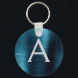 Blått Modernt Falskt Rostfritt Stål Monogram Nyckelring<br><div class="desc">Moderna och Eleganta Blå Falska Rostfria Stål Metalliska Eleganta Nyckelringar. Dessa nyckelringar kan anpassas för att inkludera din initial och förnamn. Dessa nyckelringar är perfekta som födelsedagspresent,  bröllop eller möhippa-favoriter.</div>