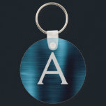 Blått Modernt Falskt Rostfritt Stål Monogram Nyckelring<br><div class="desc">Moderna och Eleganta Blå Falska Rostfria Stål Metalliska Eleganta Nyckelringar. Dessa nyckelringar kan anpassas för att inkludera din initial och förnamn. Dessa nyckelringar är perfekta som födelsedagspresent,  bröllop eller möhippa-favoriter.</div>