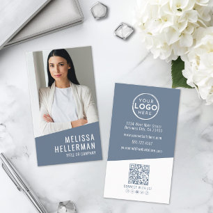 Blått Modernt Foto QR-kod Logotyp Vertikal Visitkort
