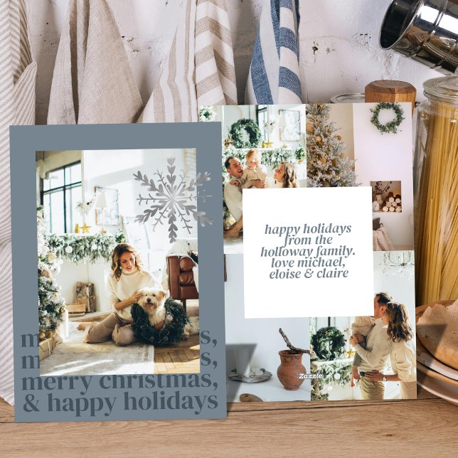 Blått, modernt, fotoplatt Helgdag-kort Julkort (Celebrate the season with this sleek and stylish flat holiday card.)