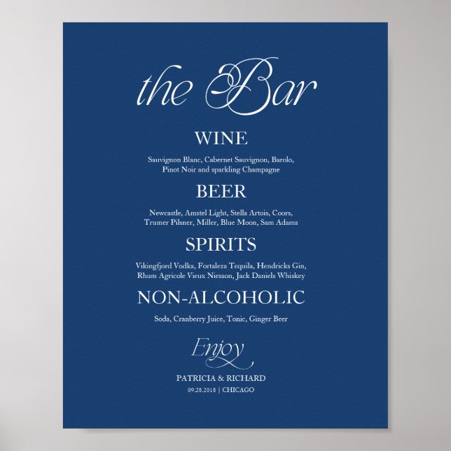 Blått Modernt Minimalistiskt "Baren" Bröllopsmenyt Poster (Framsidan)