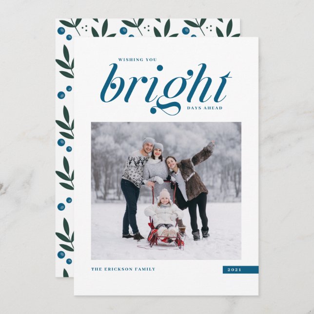 Blått modernt skript, ljusa dagar före foto julkort (Fram/baksida)