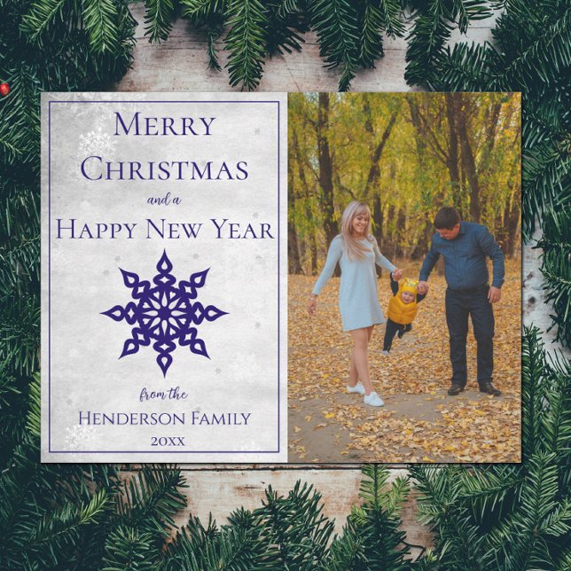 Blått modersmjölkfoto julkort (Blue Modern Snowflake Photo Holiday Card)