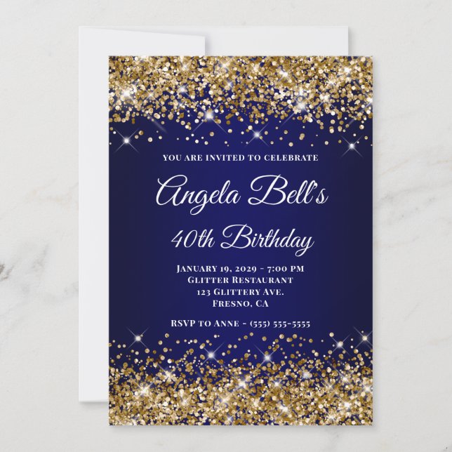 Blått Monogram 40-årsjubileum i guld Glitter Inbjudningar (Framsida)