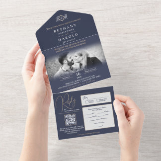 Blått Monogram All in One Bröllopsinbjudan