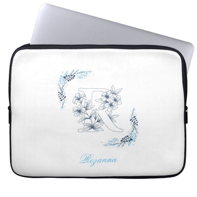 Blått monogram-Blommigt för Lugn Laptop Fodral (Framsidan)