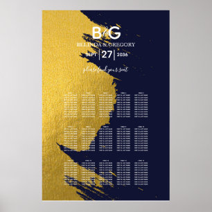 Blått monogram Bröllop-sätesdiagram för Faux Guld Poster