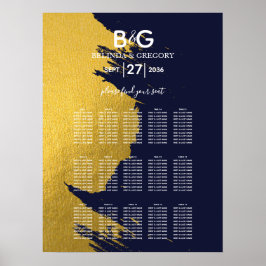 Blått monogram Bröllop-sätesdiagram för Faux Guld Poster
