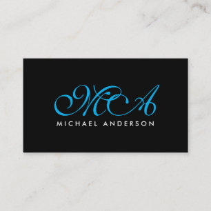Blått Monogram-Elegant, svart bakgrund Visitkort