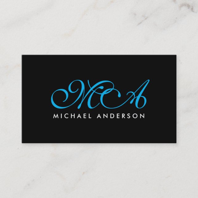 Blått Monogram-Elegant, svart bakgrund Visitkort (Framsida)