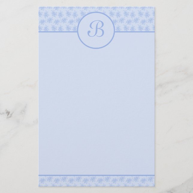Blått Monogram för Blommigt - ursprungligt lager Brevpapper (Framsida)