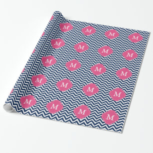 Blått & Monogram för Fuschia sicksackmönster Presentpapper