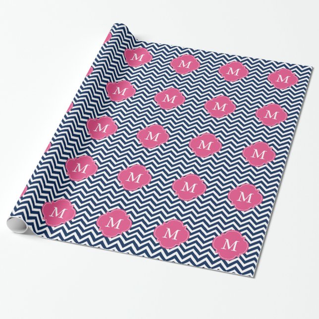 Blått & Monogram för Fuschia sicksackmönster Presentpapper (Utrullad)